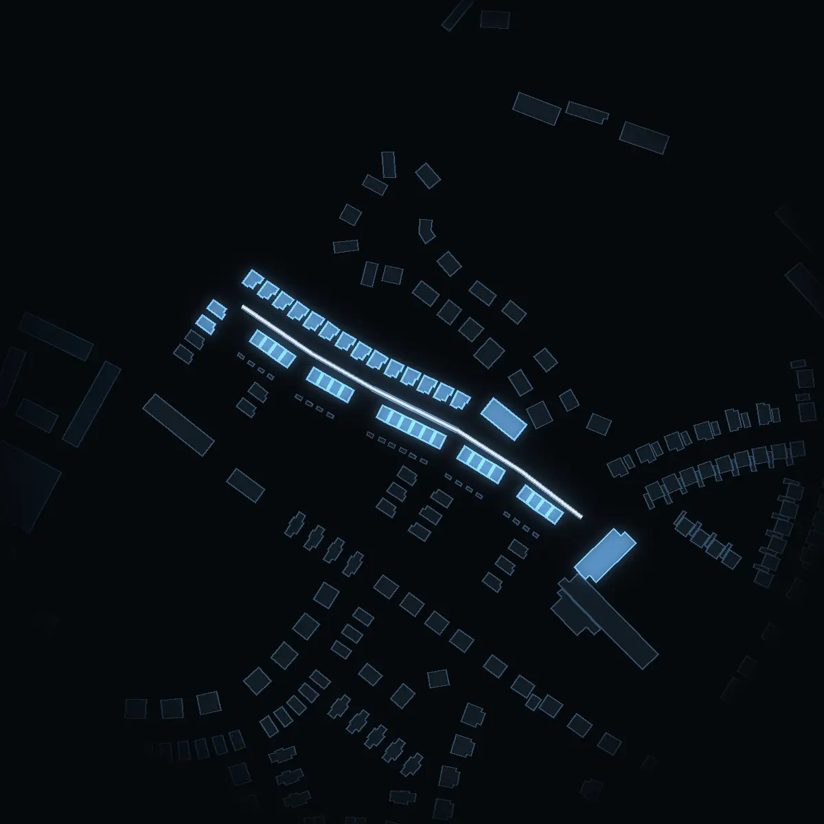 The street at night: Gåsörtsvägen drawn in white, its buildings lit in the colour of their area’s income