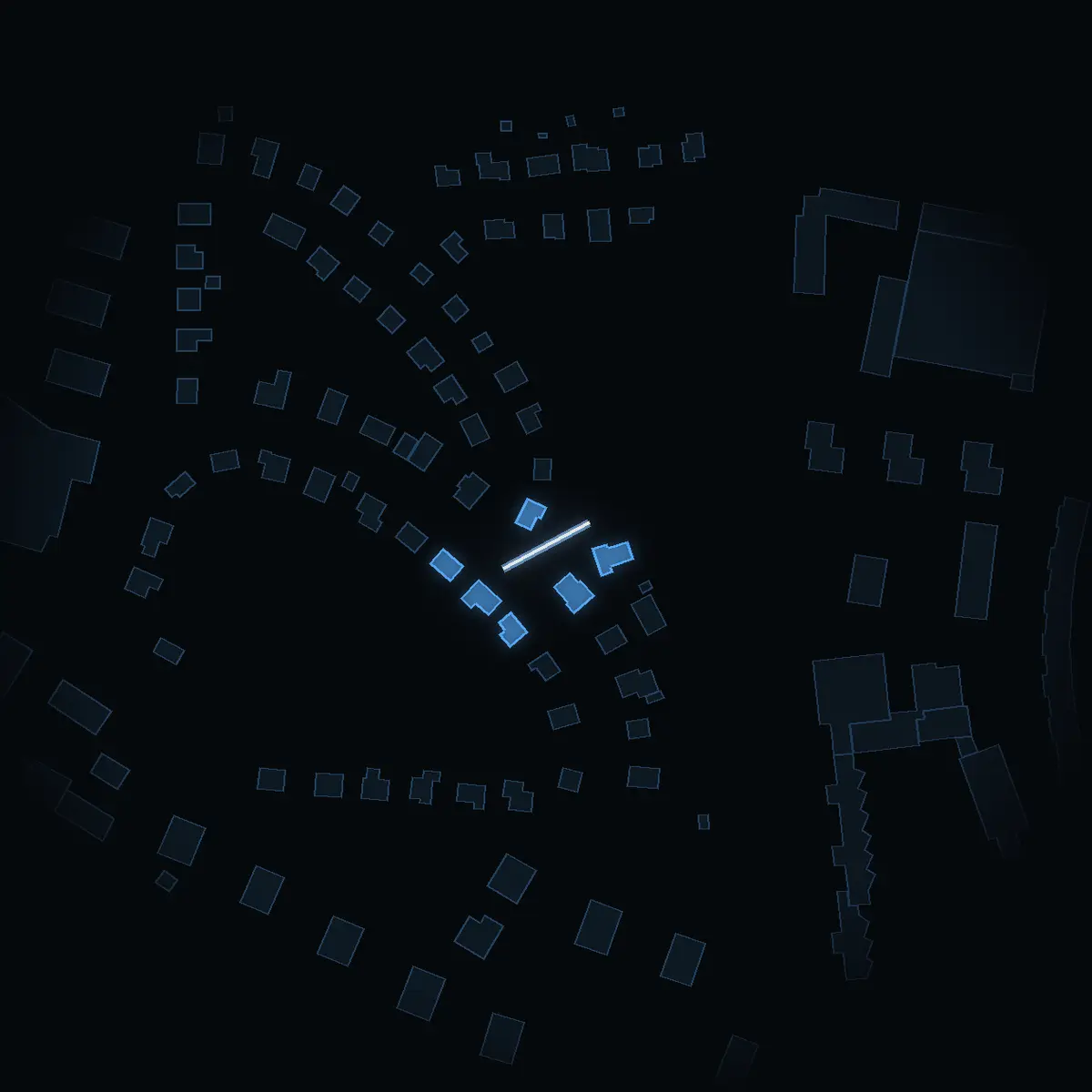 The street at night: Grytbacken drawn in white, its buildings lit in the colour of their area’s income