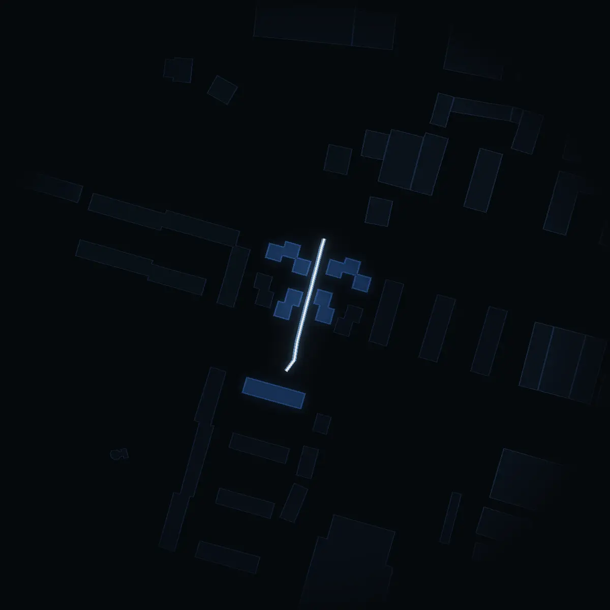 The street at night: Hallonbergsvägen drawn in white, its buildings lit in the colour of their area’s income