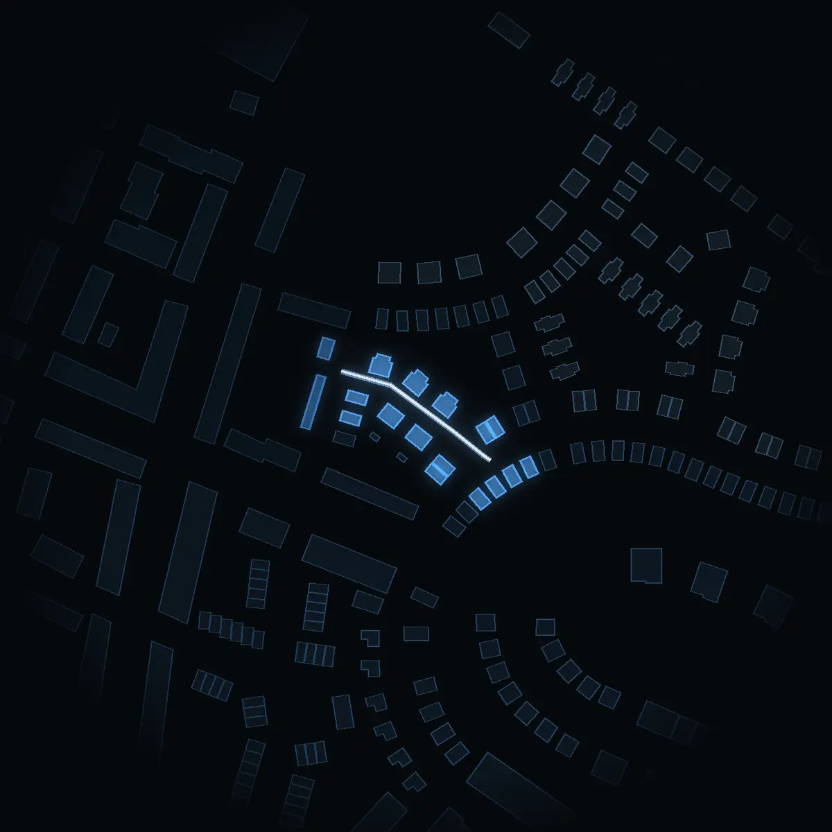 The street at night: Hemmansvägen drawn in white, its buildings lit in the colour of their area’s income