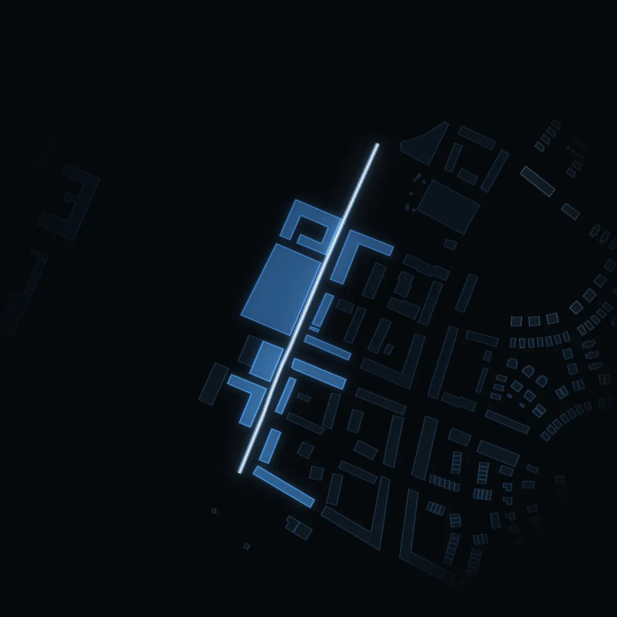 The street at night: Ladugårdsgatan drawn in white, its buildings lit in the colour of their area’s income
