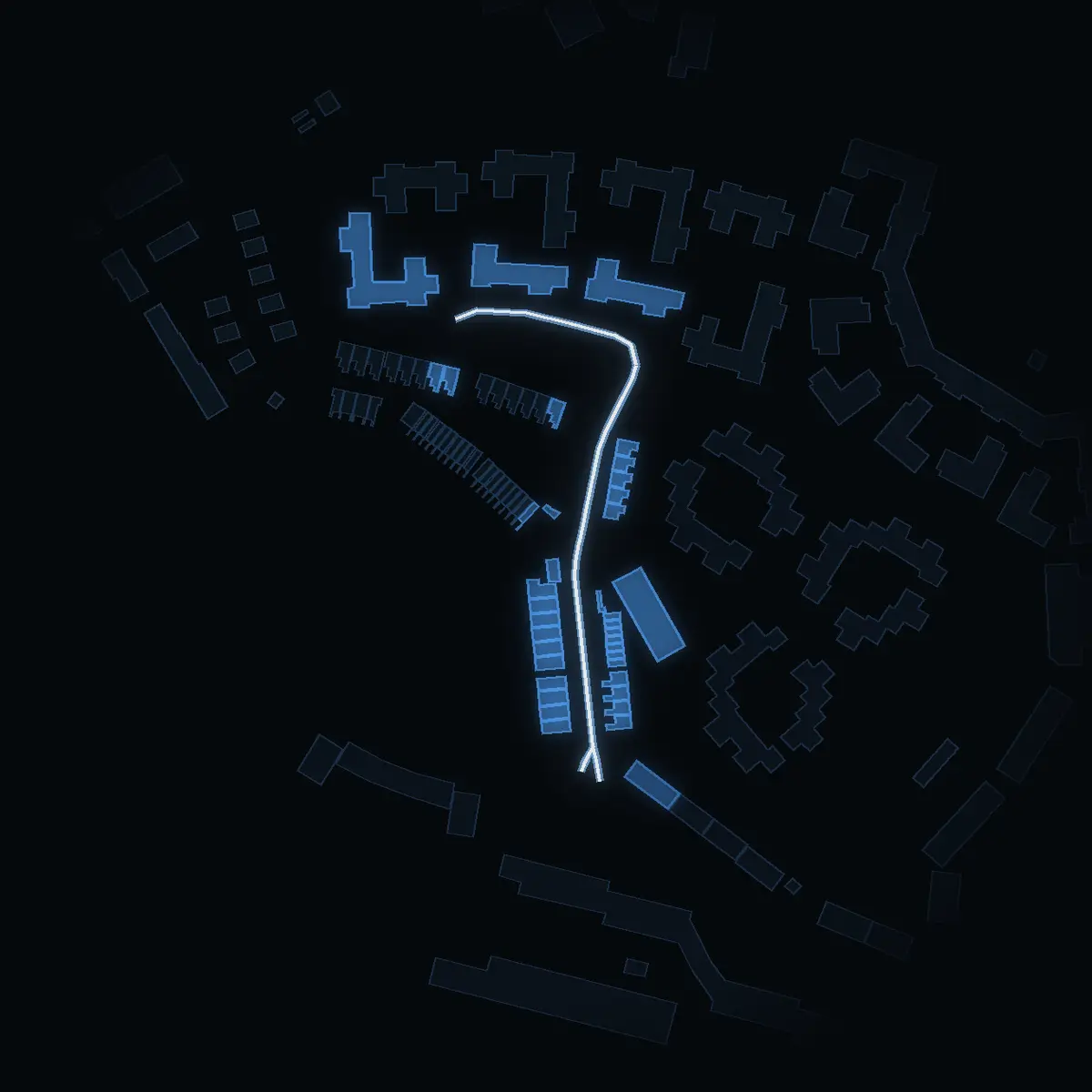 The street at night: Lavettvägen drawn in white, its buildings lit in the colour of their area’s income