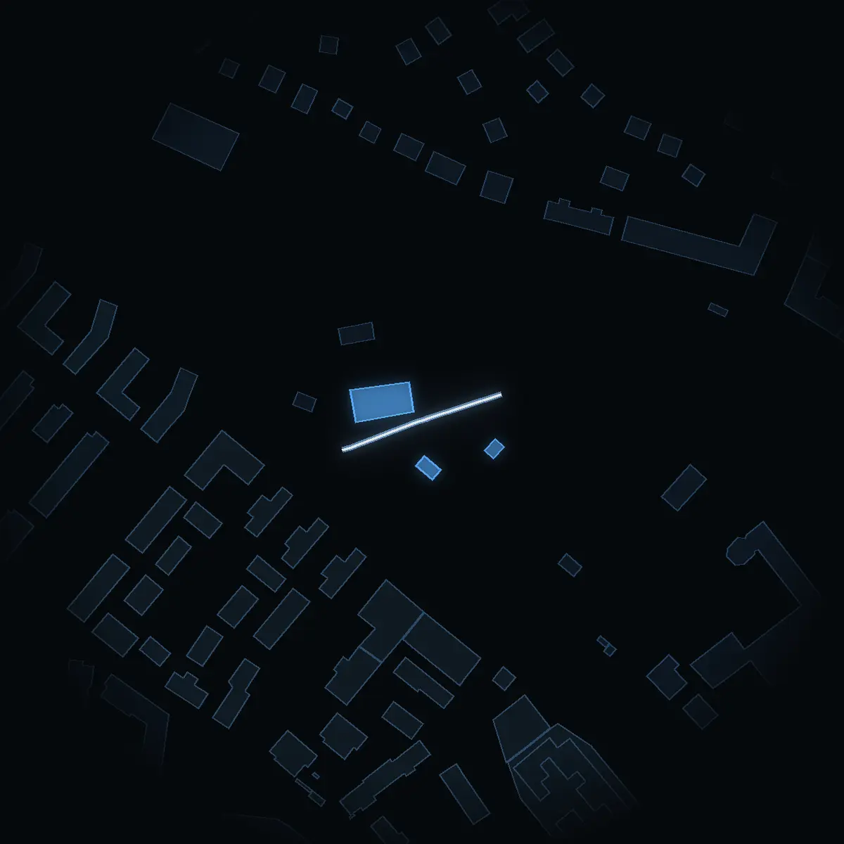 The street at night: Löfströmsvägen drawn in white, its buildings lit in the colour of their area’s income