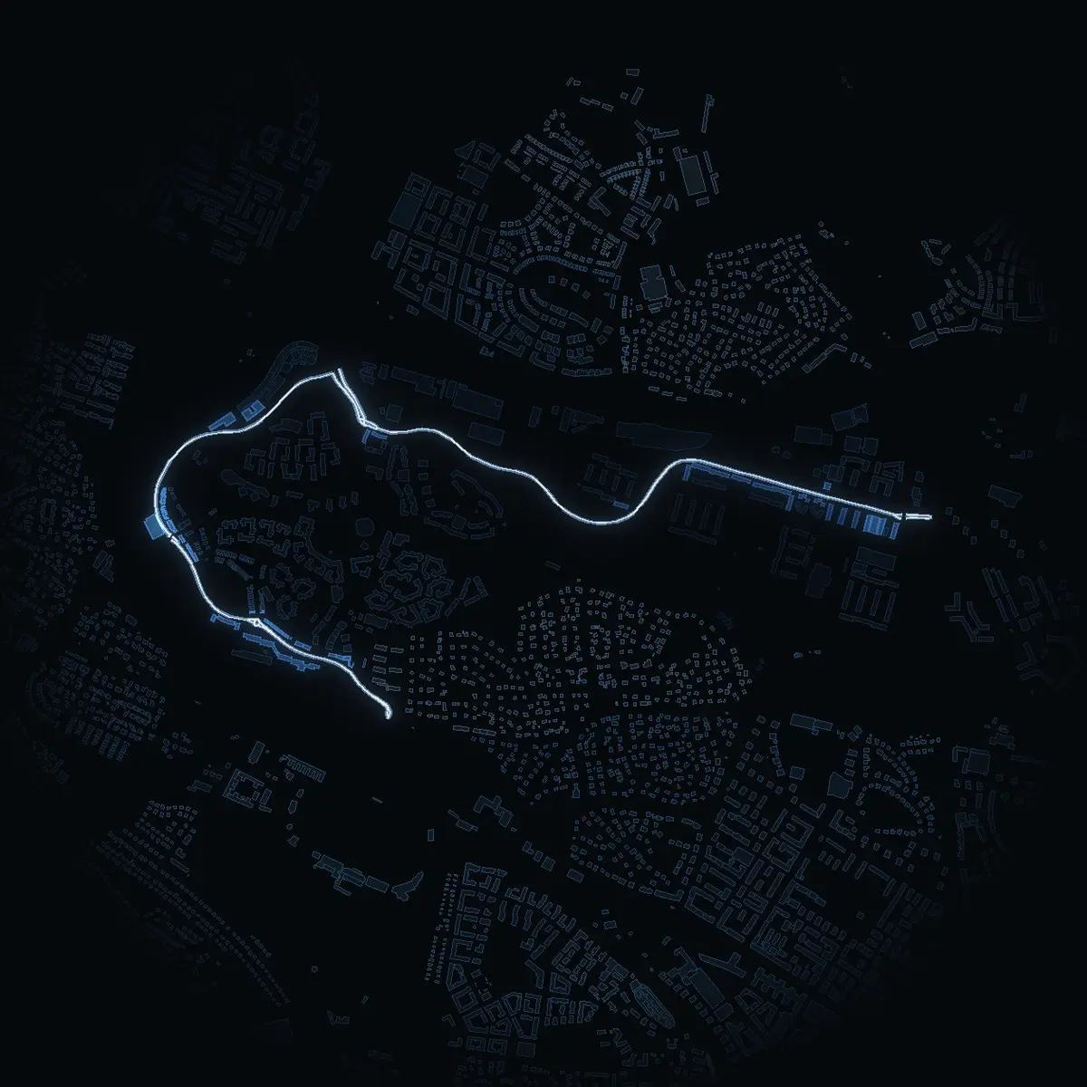 The street at night: Rissneleden drawn in white, its buildings lit in the colour of their area’s income