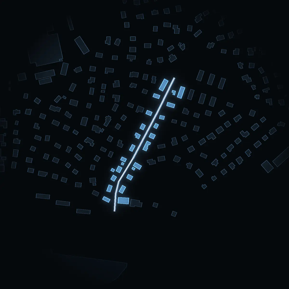 The street at night: Sevensvägen drawn in white, its buildings lit in the colour of their area’s income