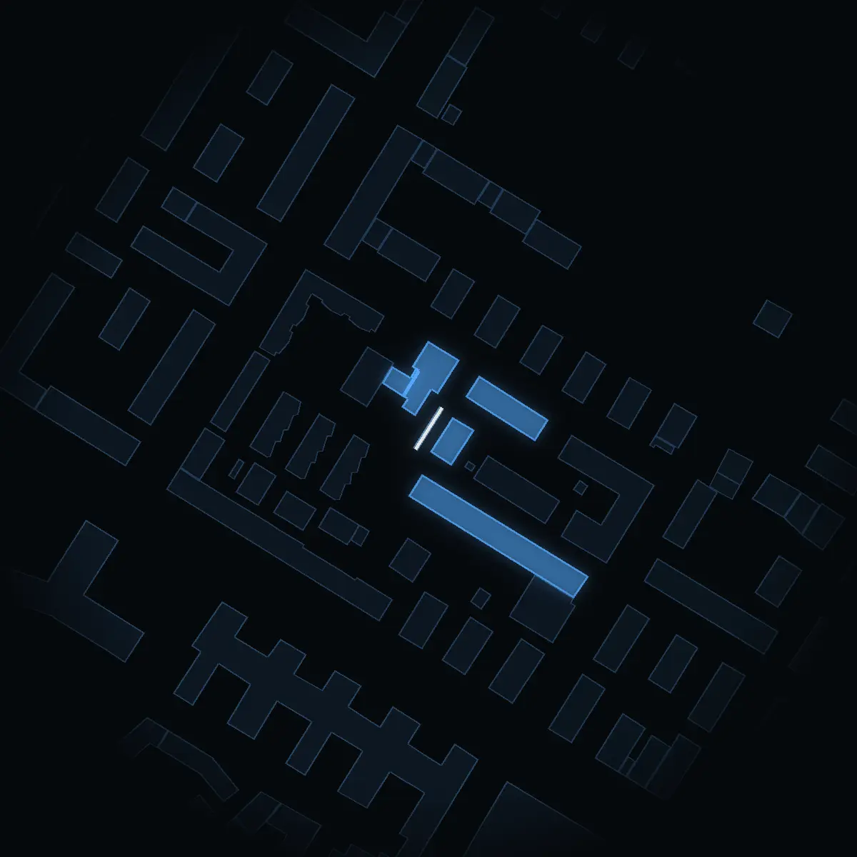 The street at night: Skolgatan drawn in white, its buildings lit in the colour of their area’s income