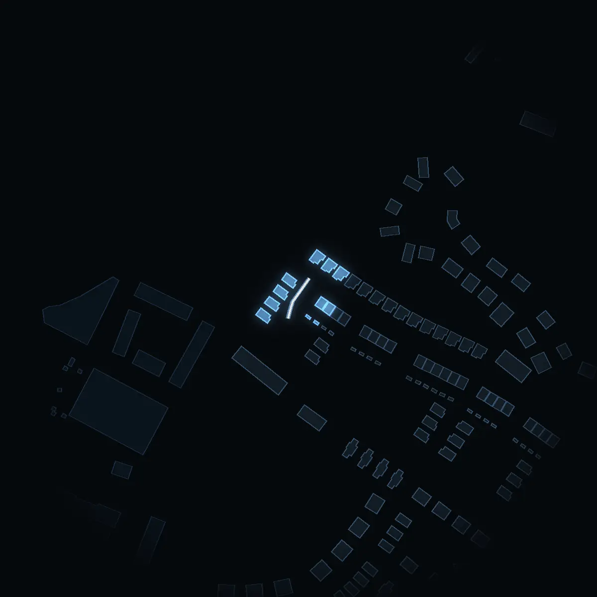 The street at night: Solvändan drawn in white, its buildings lit in the colour of their area’s income