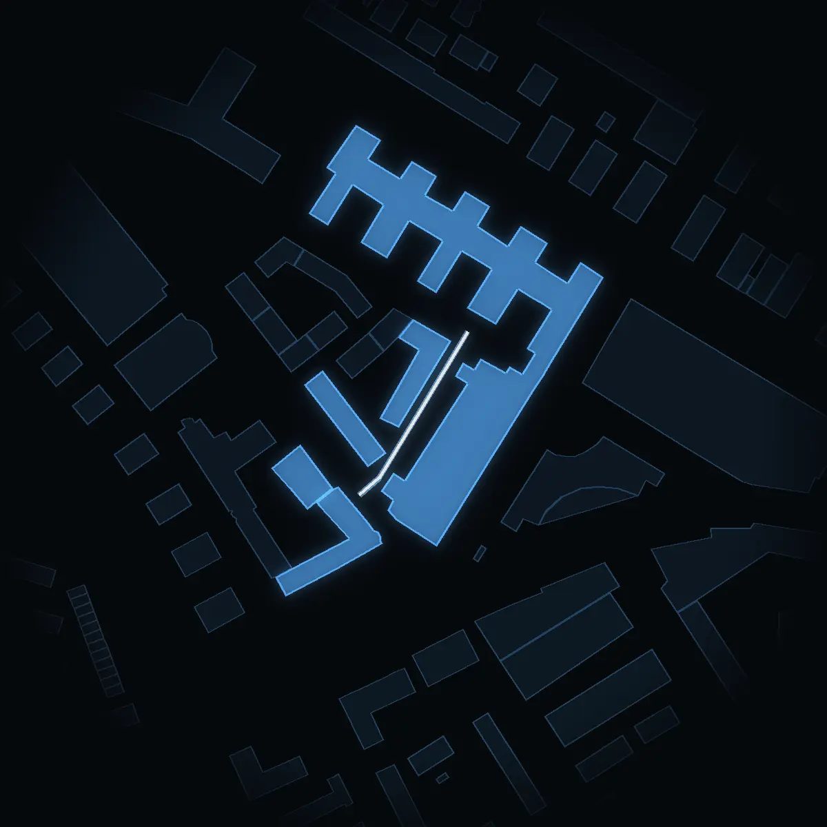 The street at night: Spinnerigatan drawn in white, its buildings lit in the colour of their area’s income