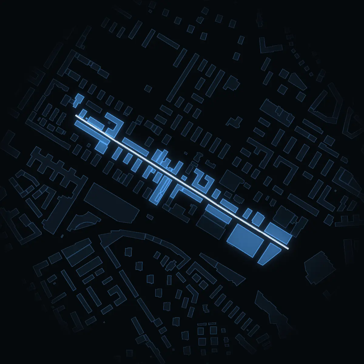 The street at night: Sturegatan drawn in white, its buildings lit in the colour of their area’s income