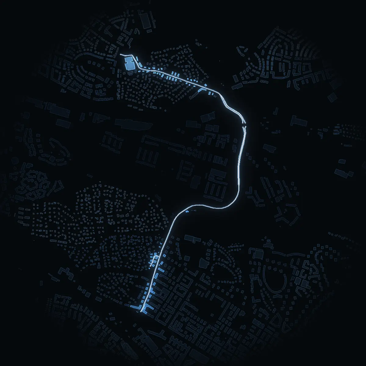 The street at night: Ursviksvägen drawn in white, its buildings lit in the colour of their area’s income