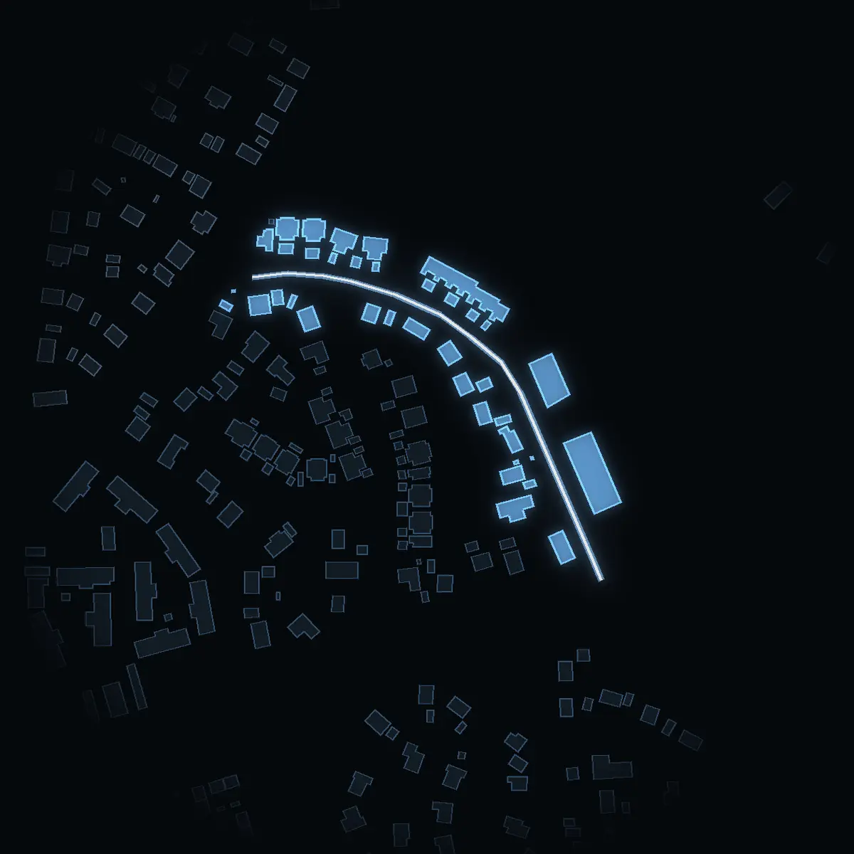 The street at night: Agronomvägen drawn in white, its buildings lit in the colour of their area’s income