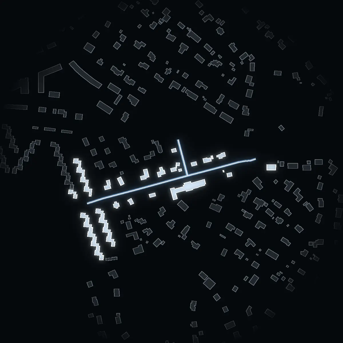 The street at night: Allévägen drawn in white, its buildings lit in the colour of their area’s income