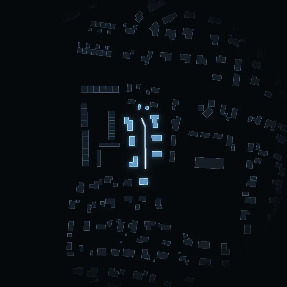The street at night: Altgränd drawn in white, its buildings lit in the colour of their area’s income