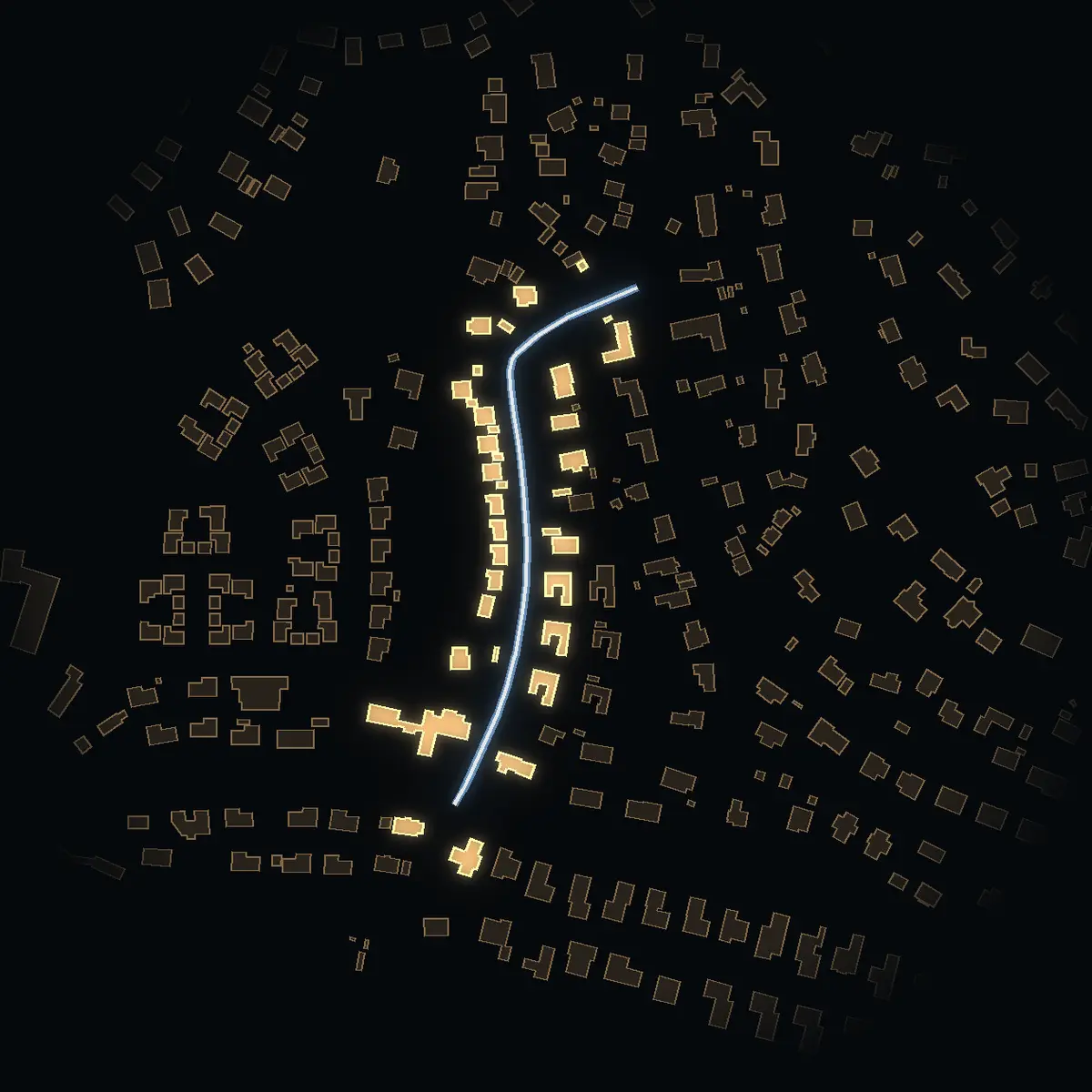 The street at night: Alvägen drawn in white, its buildings lit in the colour of their area’s income