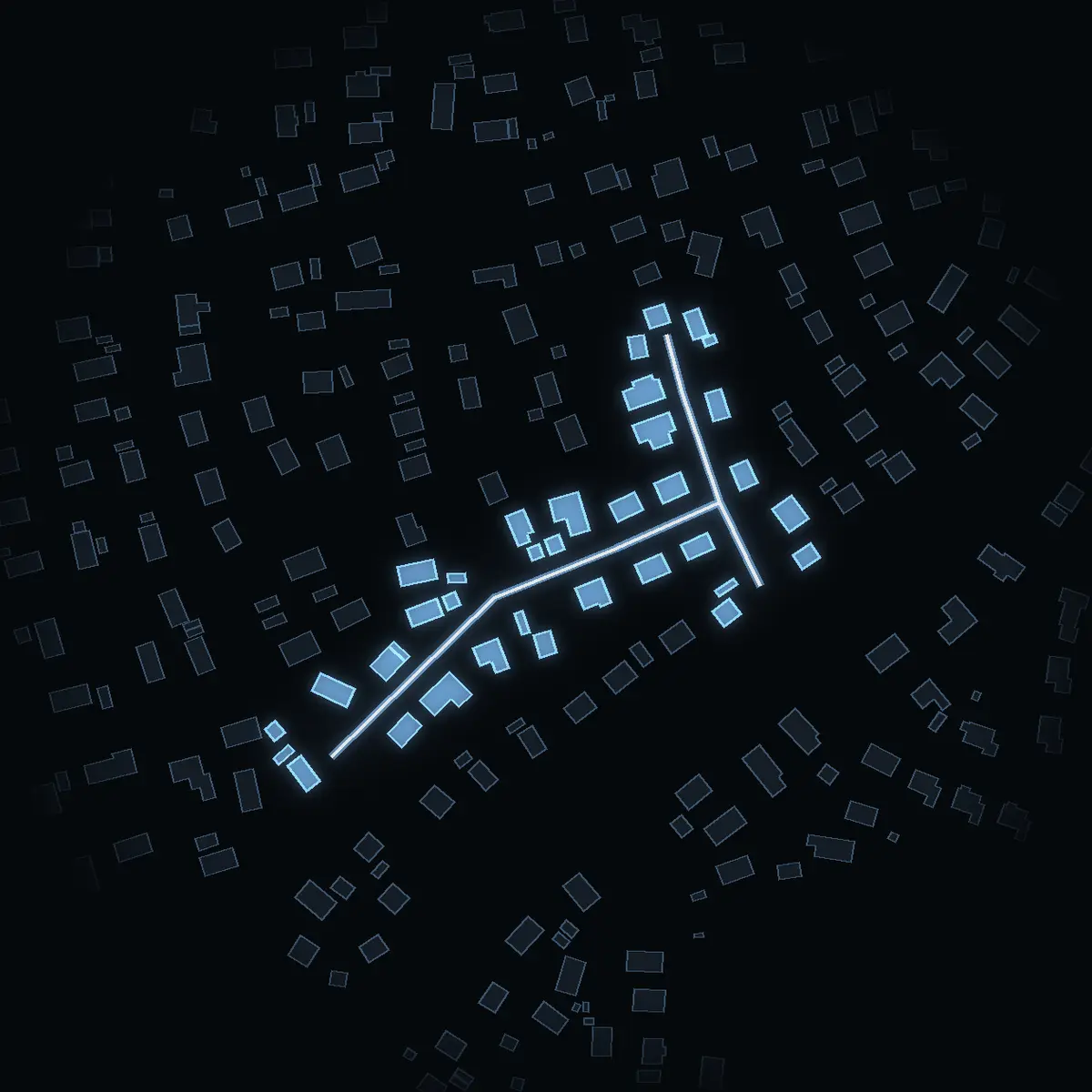 The street at night: Aprilvägen drawn in white, its buildings lit in the colour of their area’s income