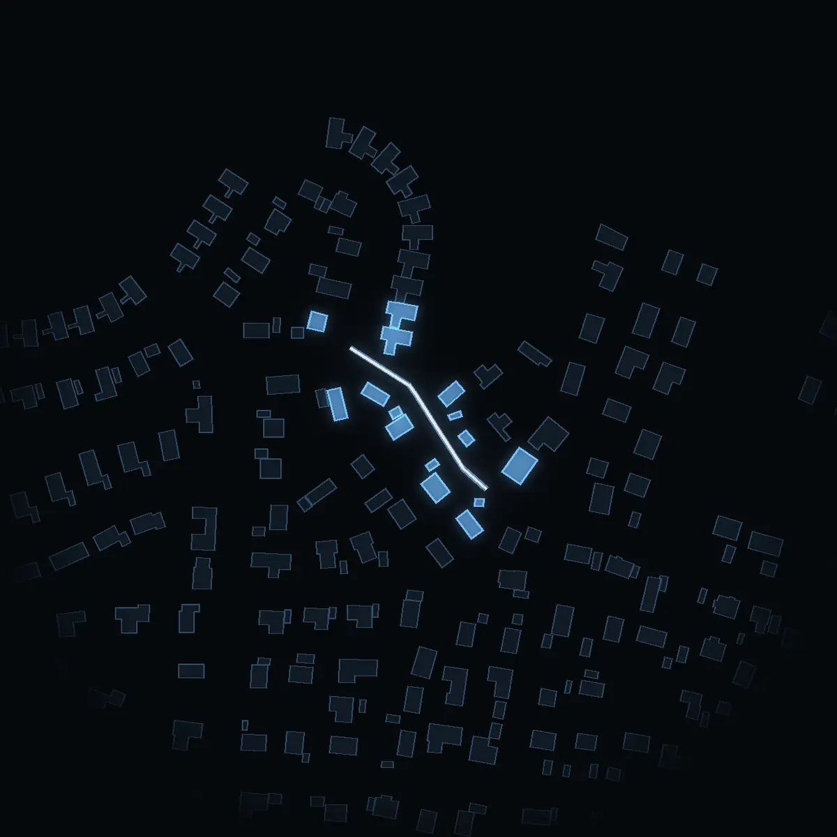 The street at night: Aspgränd drawn in white, its buildings lit in the colour of their area’s income