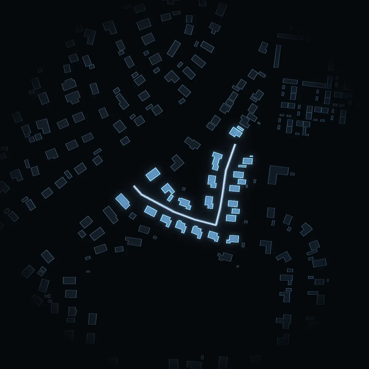 The street at night: Avtalsvägen drawn in white, its buildings lit in the colour of their area’s income