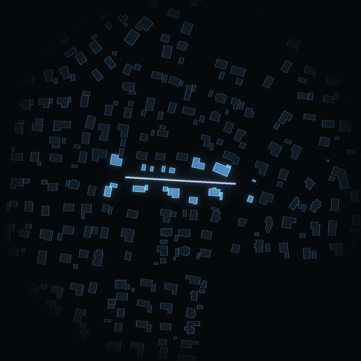 The street at night: Backvägen drawn in white, its buildings lit in the colour of their area’s income