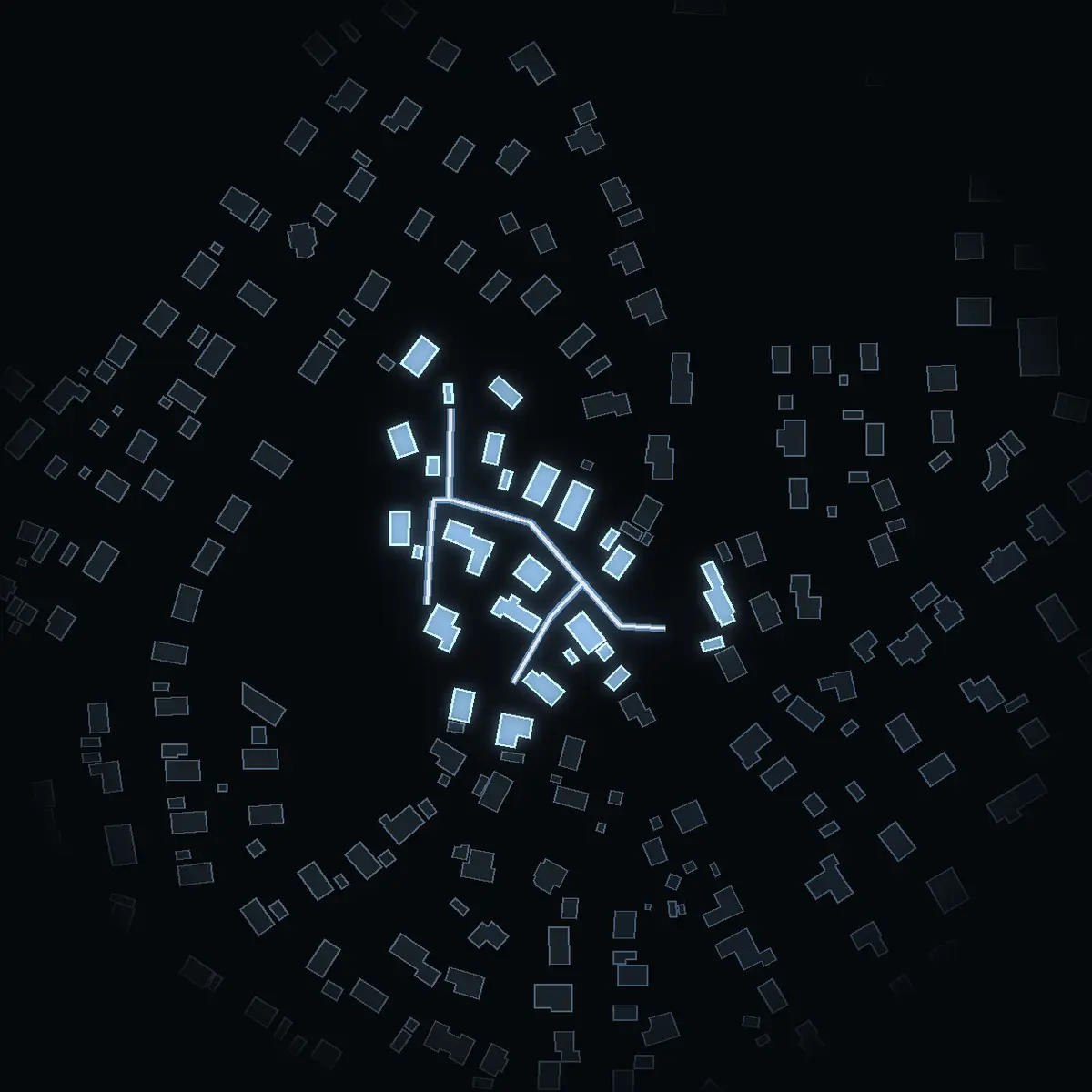 The street at night: Bågevägen drawn in white, its buildings lit in the colour of their area’s income