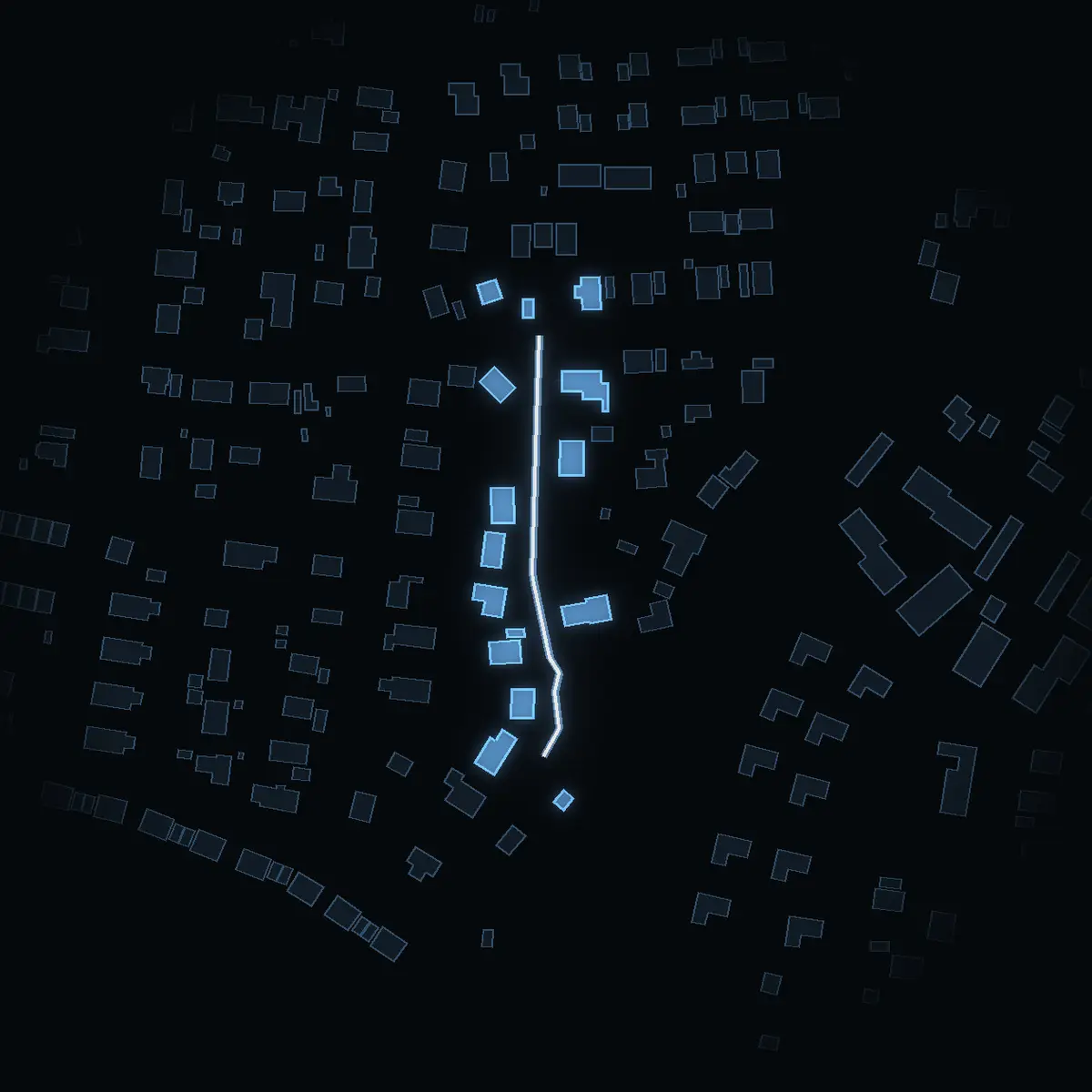The street at night: Båtsmansvägen drawn in white, its buildings lit in the colour of their area’s income
