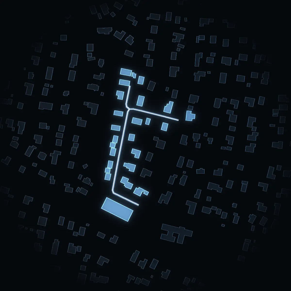 The street at night: Berghällsvägen drawn in white, its buildings lit in the colour of their area’s income