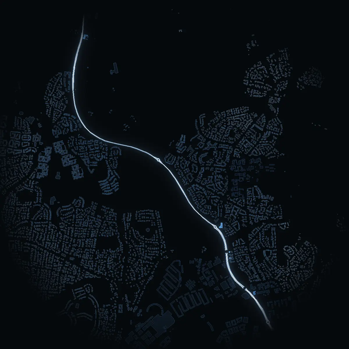 Gatan nattetid: Bergtorpsvägen inritad i vitt, husen tända i färgen för områdets inkomst