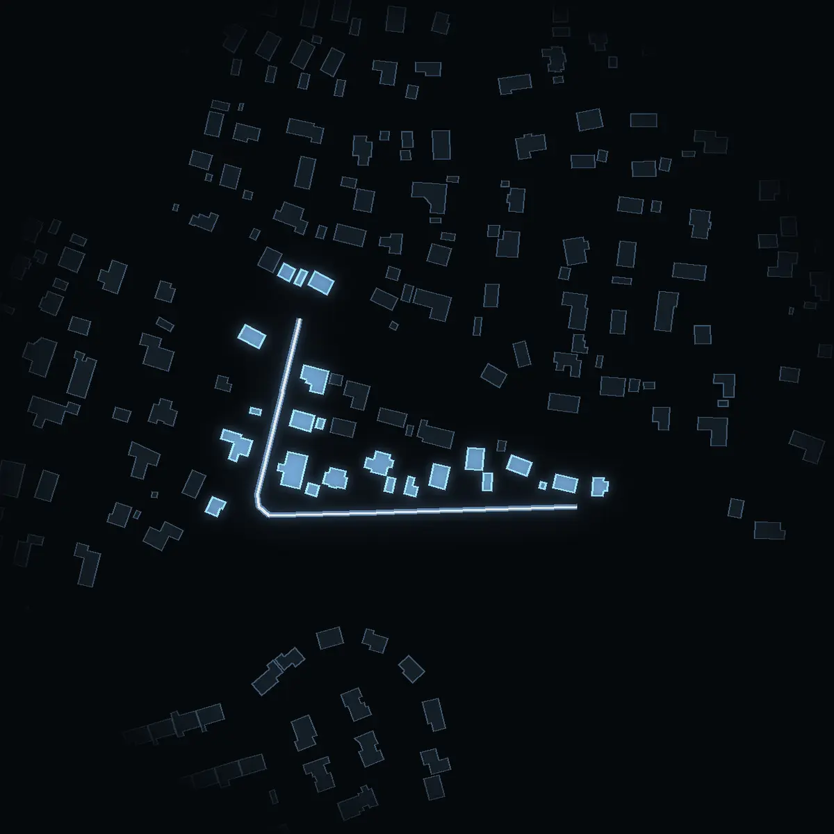The street at night: Björkvägen drawn in white, its buildings lit in the colour of their area’s income