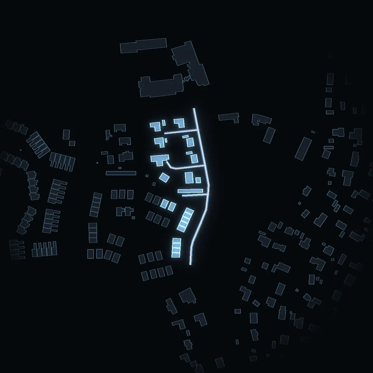 The street at night: Blockhusvägen drawn in white, its buildings lit in the colour of their area’s income