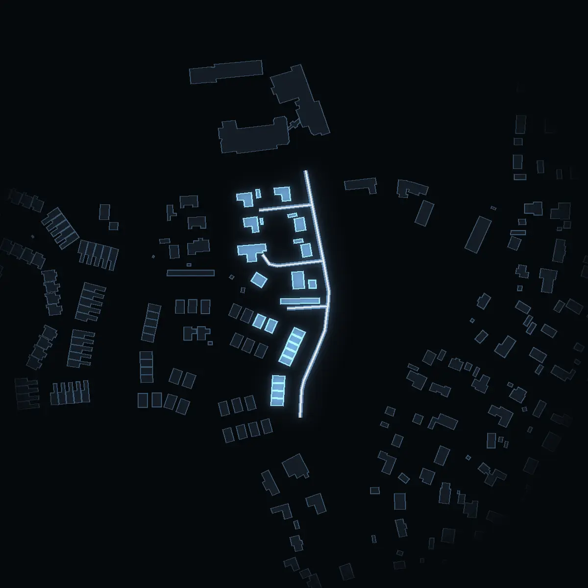 The street at night: Blockhusvägen drawn in white, its buildings lit in the colour of their area’s income