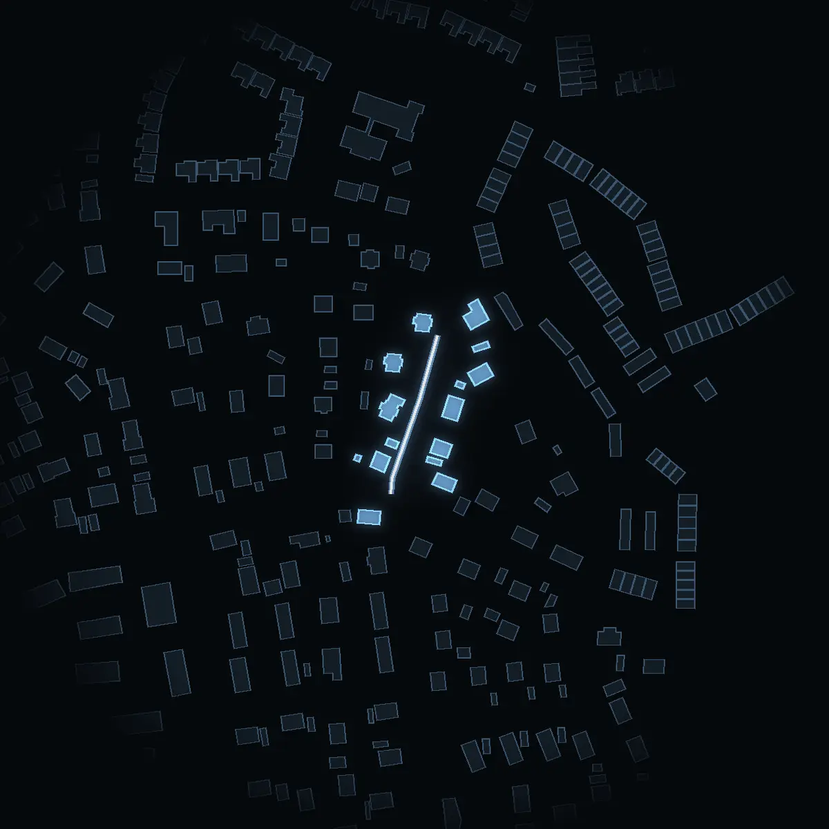 The street at night: Bronsvägen drawn in white, its buildings lit in the colour of their area’s income