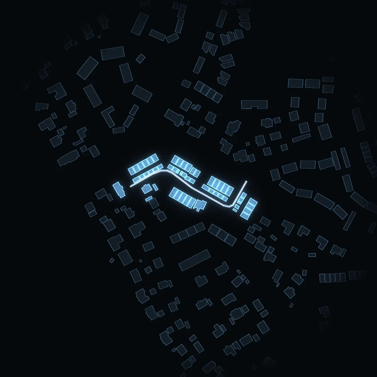 The street at night: Danastigen drawn in white, its buildings lit in the colour of their area’s income