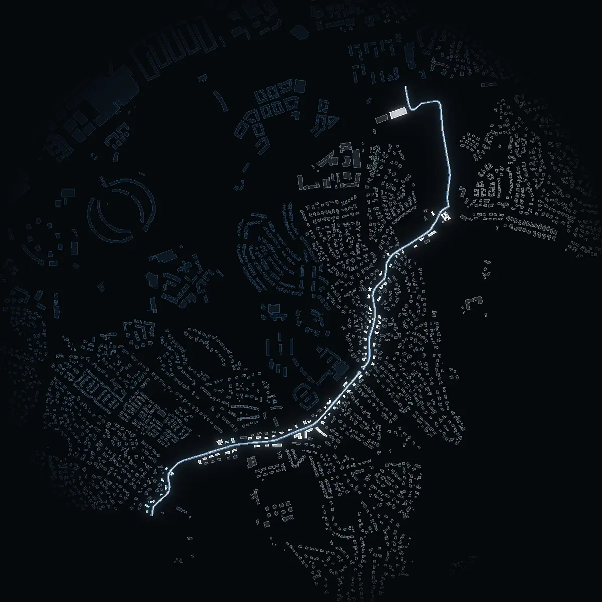 The street at night: Djursholmsvägen drawn in white, its buildings lit in the colour of their area’s income