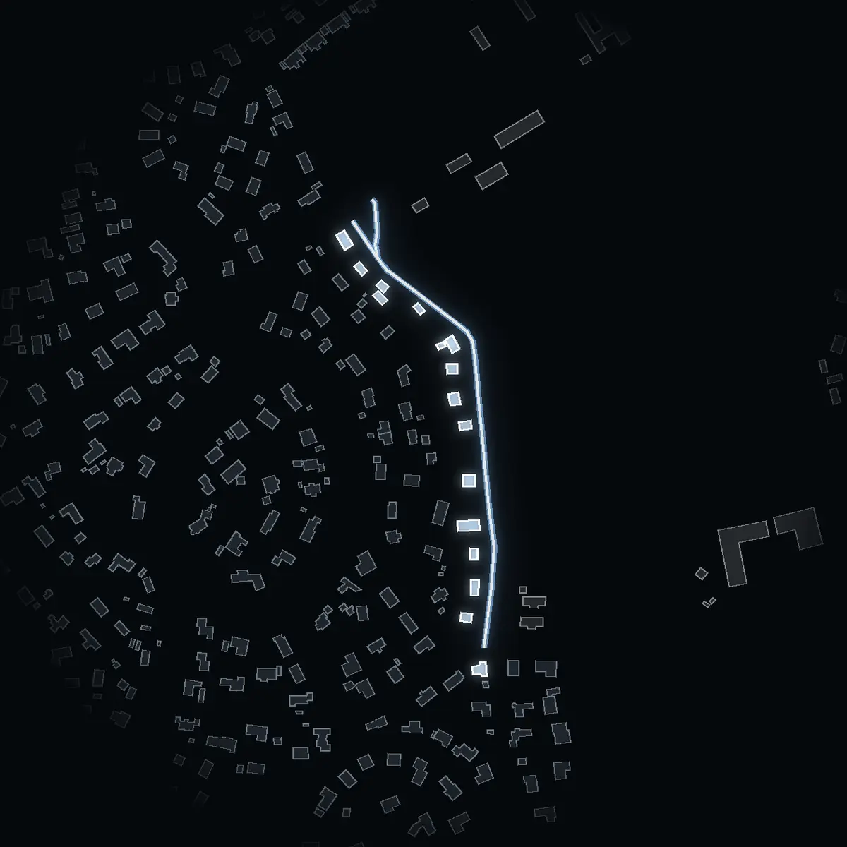 The street at night: Ekbacksvägen drawn in white, its buildings lit in the colour of their area’s income
