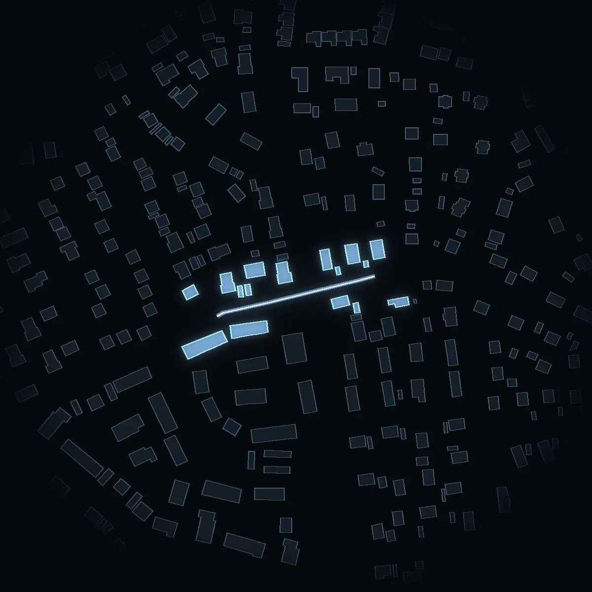 The street at night: Enbacken drawn in white, its buildings lit in the colour of their area’s income