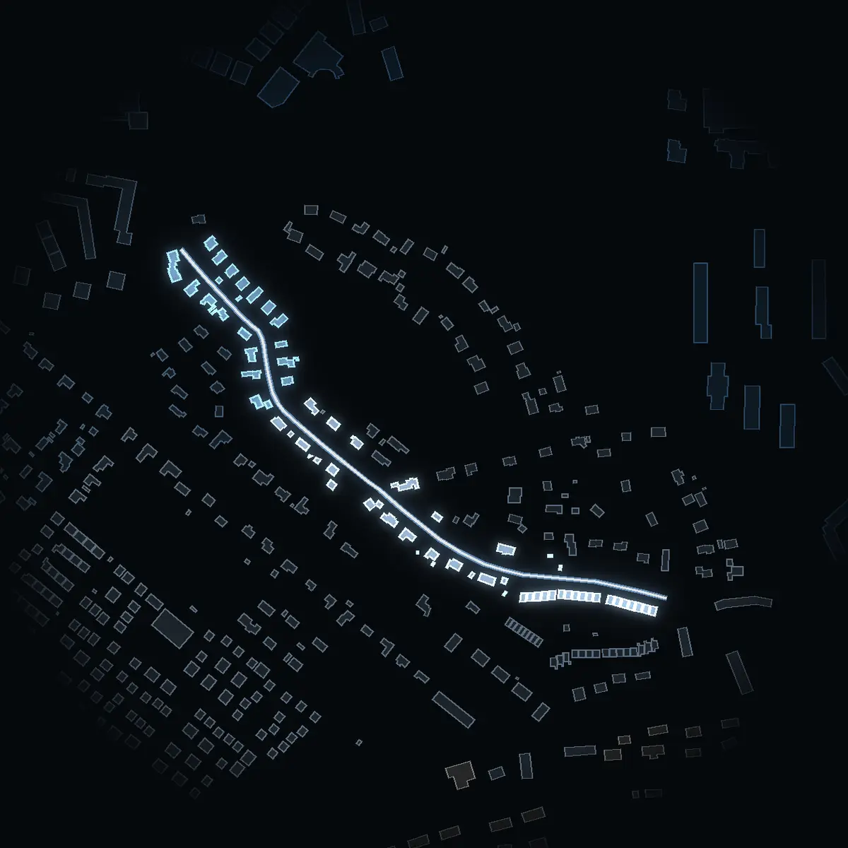 Gatan nattetid: Falkvägen inritad i vitt, husen tända i färgen för områdets inkomst