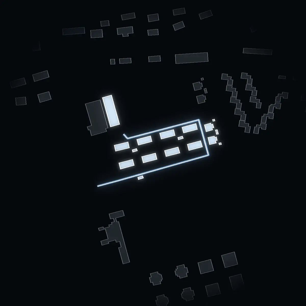 The street at night: Fänrikens gata drawn in white, its buildings lit in the colour of their area’s income
