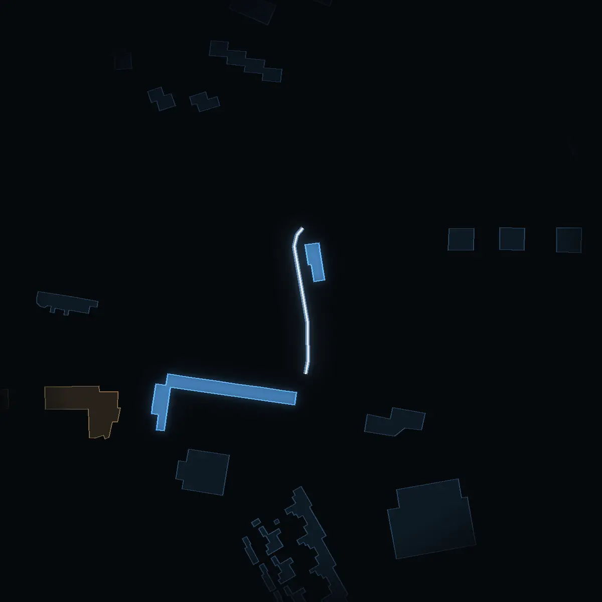 The street at night: Flygbacken drawn in white, its buildings lit in the colour of their area’s income