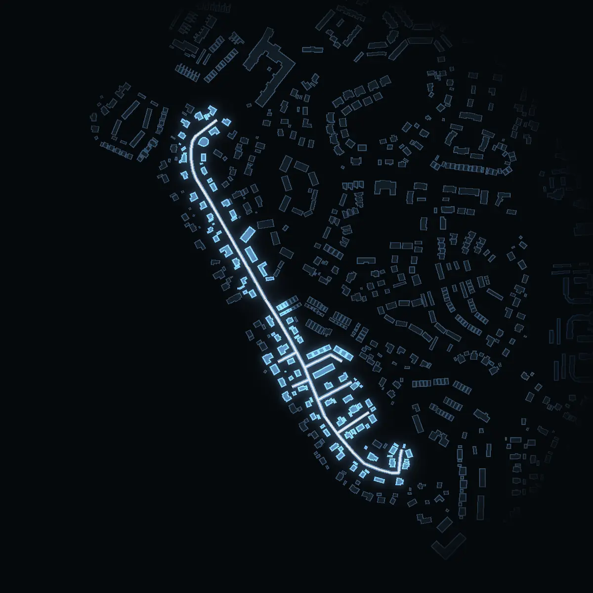 The street at night: Götavägen drawn in white, its buildings lit in the colour of their area’s income