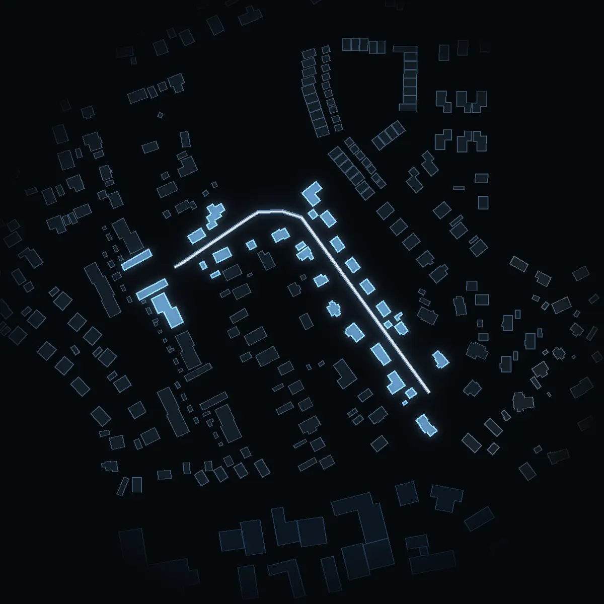 The street at night: Granåsvägen drawn in white, its buildings lit in the colour of their area’s income