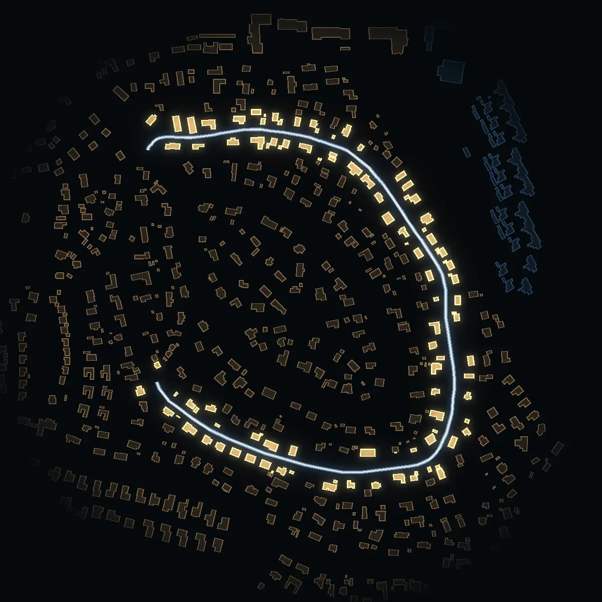 The street at night: Granitvägen drawn in white, its buildings lit in the colour of their area’s income