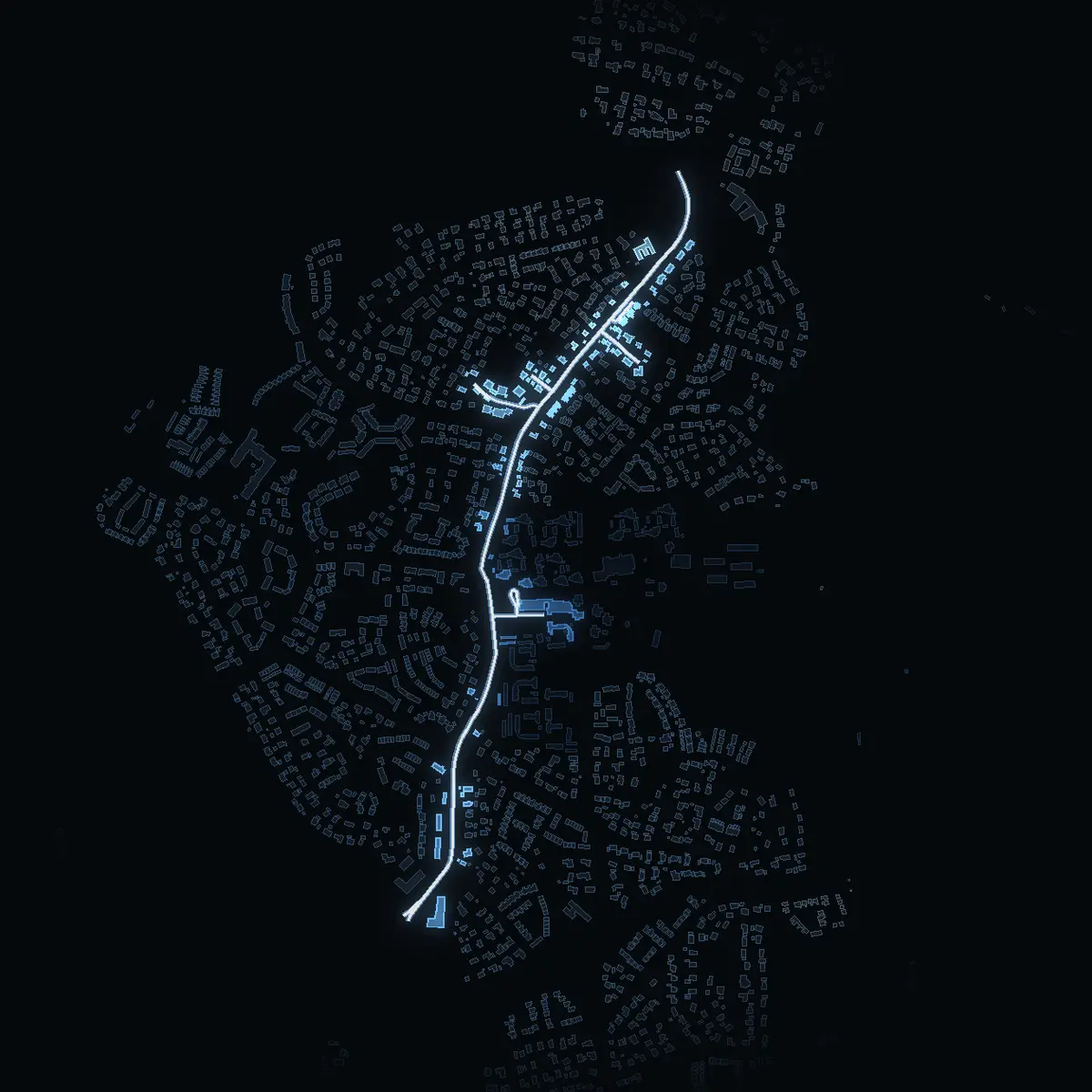The street at night: Gribbylundsvägen drawn in white, its buildings lit in the colour of their area’s income