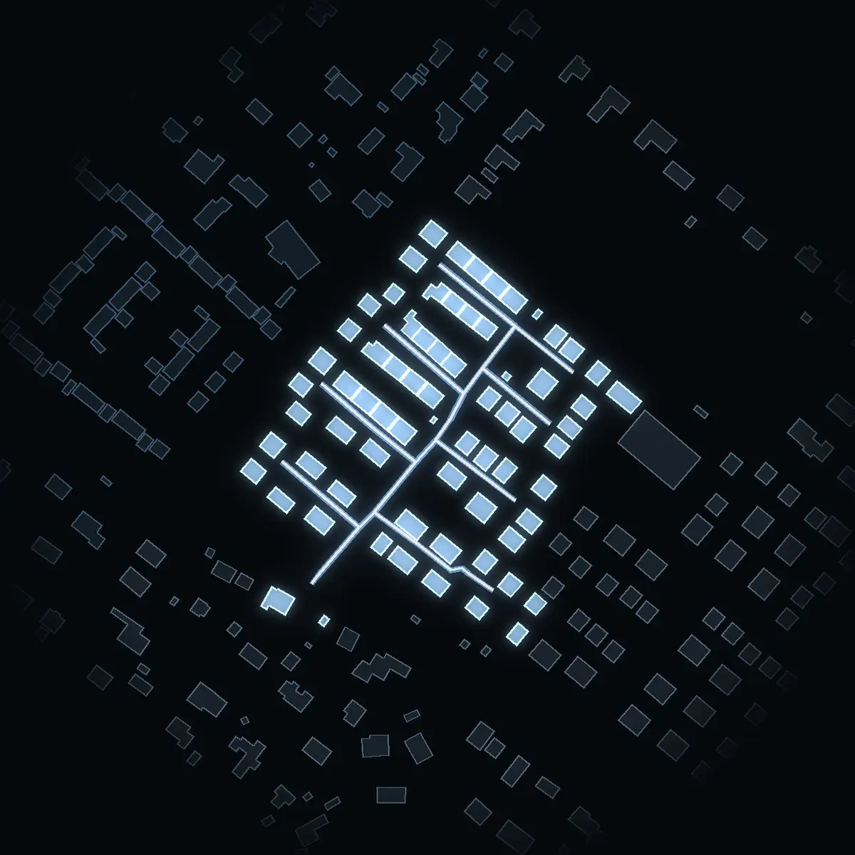 The street at night: Gyllenstiernas väg drawn in white, its buildings lit in the colour of their area’s income