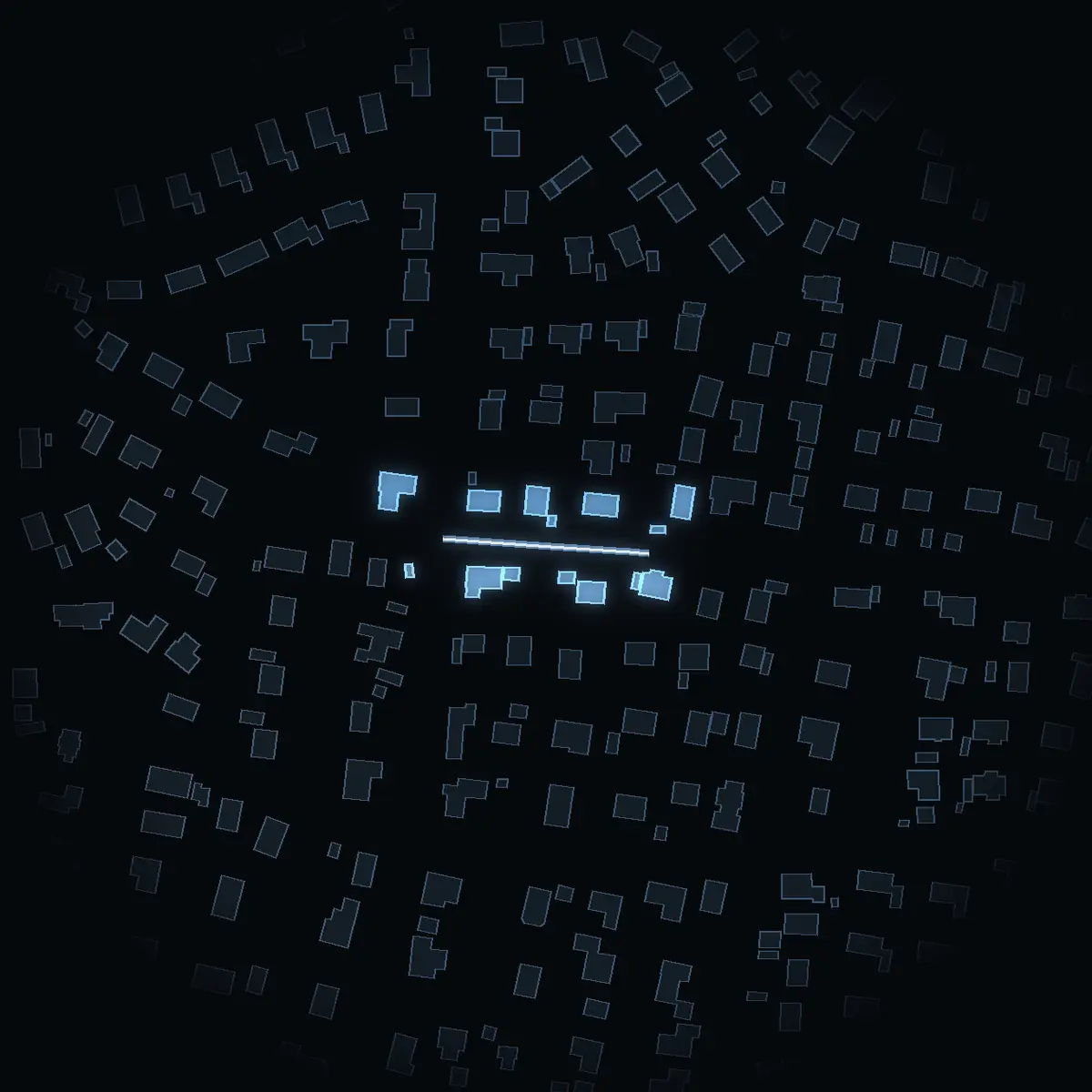 The street at night: Häggbacken drawn in white, its buildings lit in the colour of their area’s income