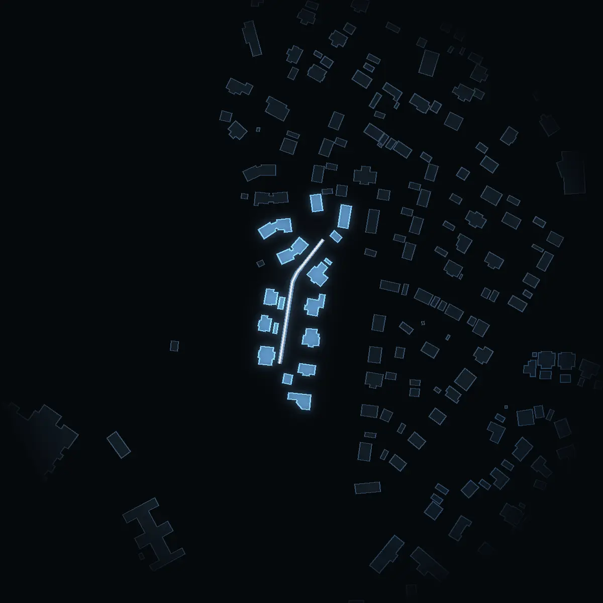 The street at night: Halmgränd drawn in white, its buildings lit in the colour of their area’s income