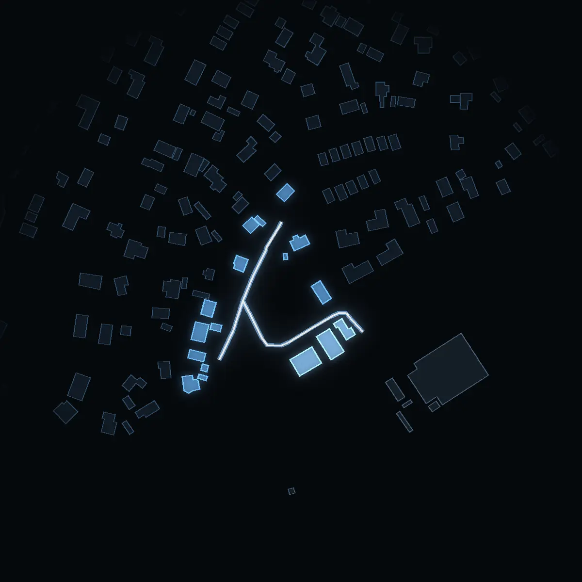 The street at night: Hövdingavägen drawn in white, its buildings lit in the colour of their area’s income