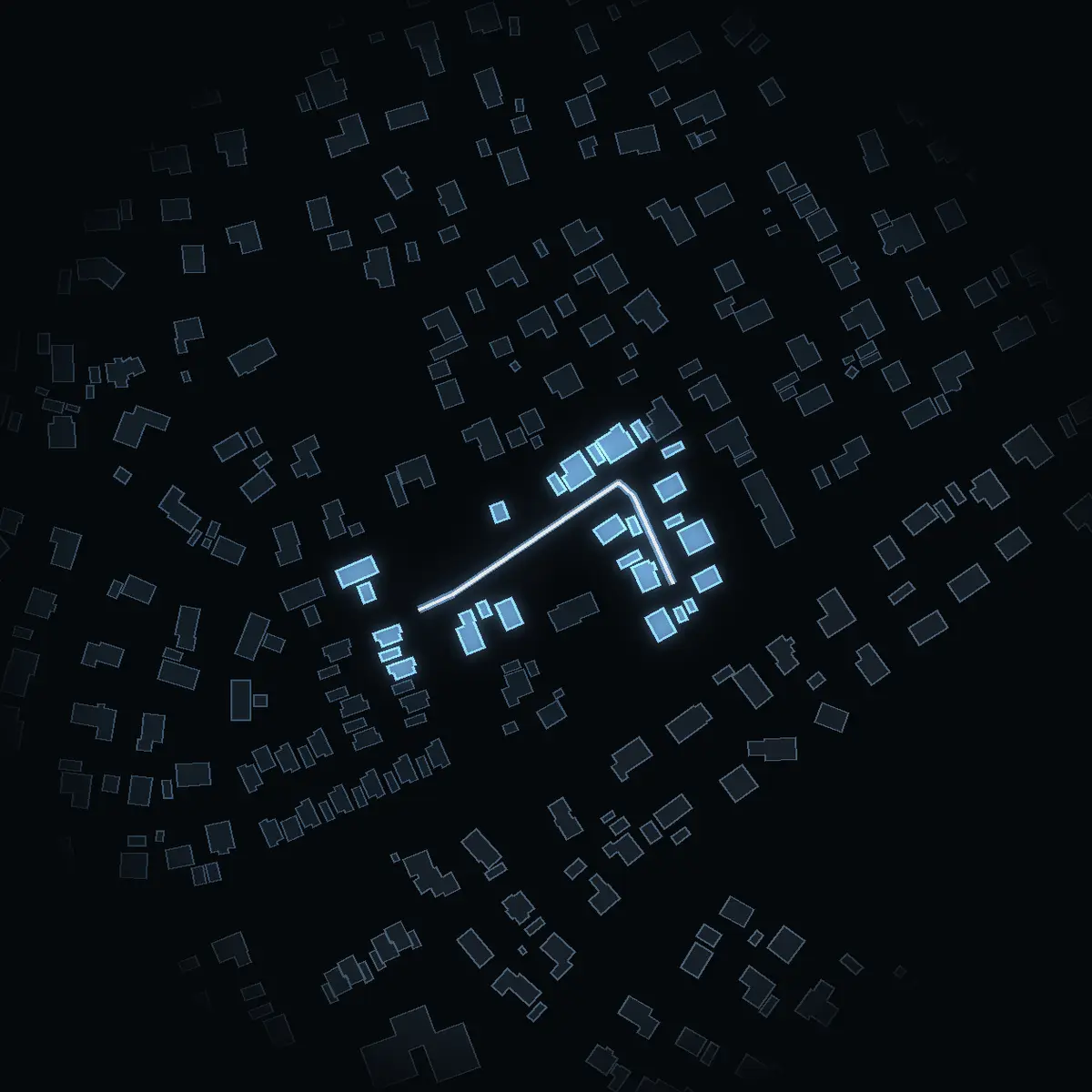 The street at night: Hyggesgränd drawn in white, its buildings lit in the colour of their area’s income