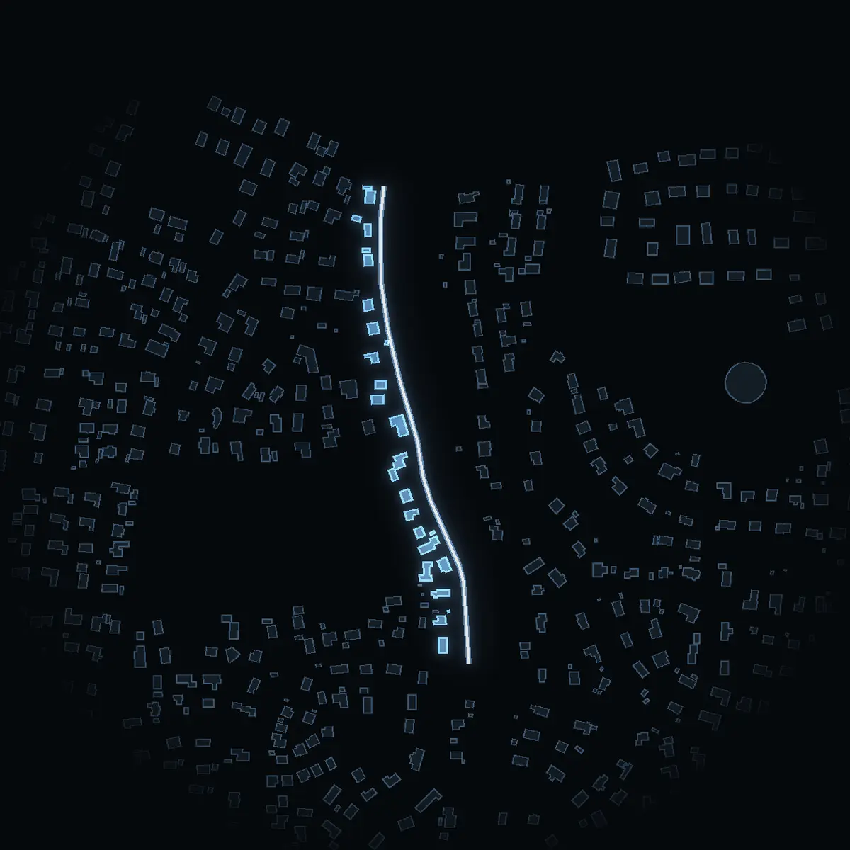 The street at night: Illervägen drawn in white, its buildings lit in the colour of their area’s income