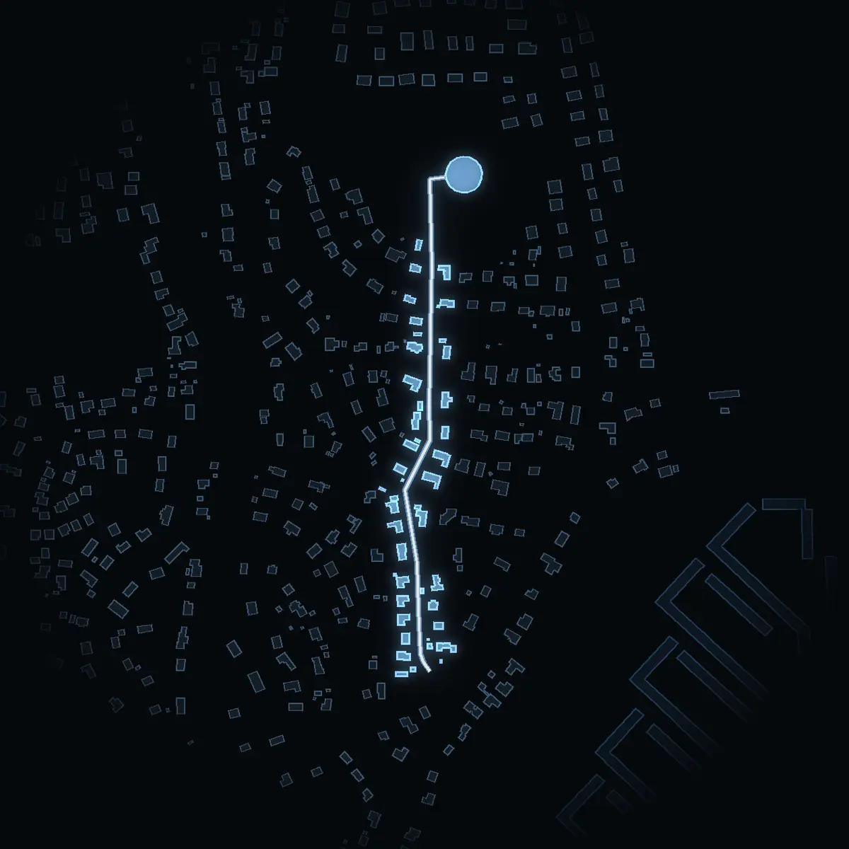 The street at night: Junkervägen drawn in white, its buildings lit in the colour of their area’s income