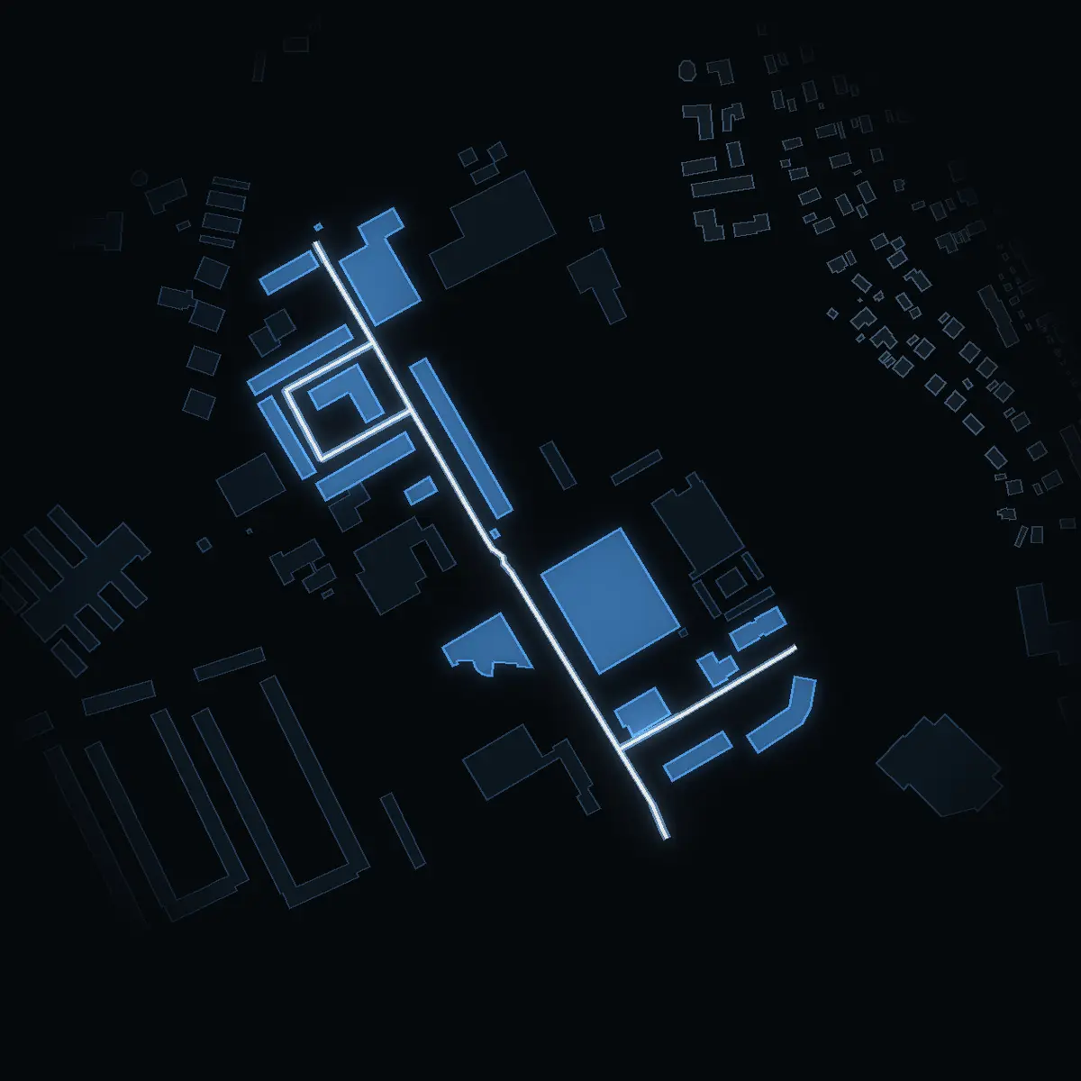 The street at night: Kemistvägen drawn in white, its buildings lit in the colour of their area’s income