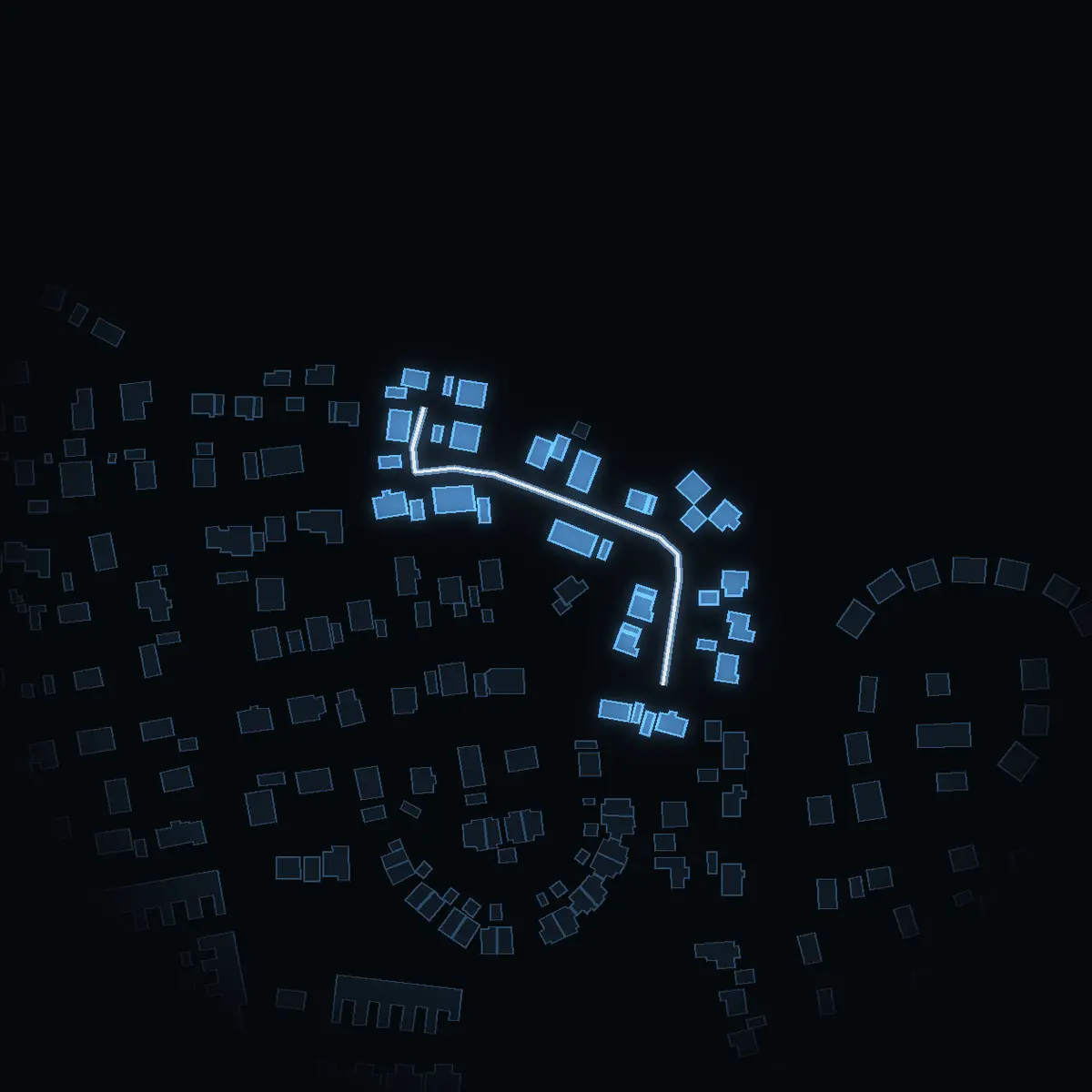 The street at night: Killingvägen drawn in white, its buildings lit in the colour of their area’s income